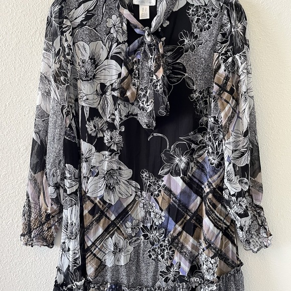 London Times Women's Dress Sz 8 Tartan Floral Long Sleeve Smock Tiered Tie Neck - Picture 4 of 16